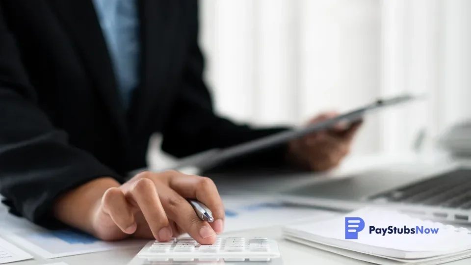 a person in a business suit using a calculator at a desk with a laptop