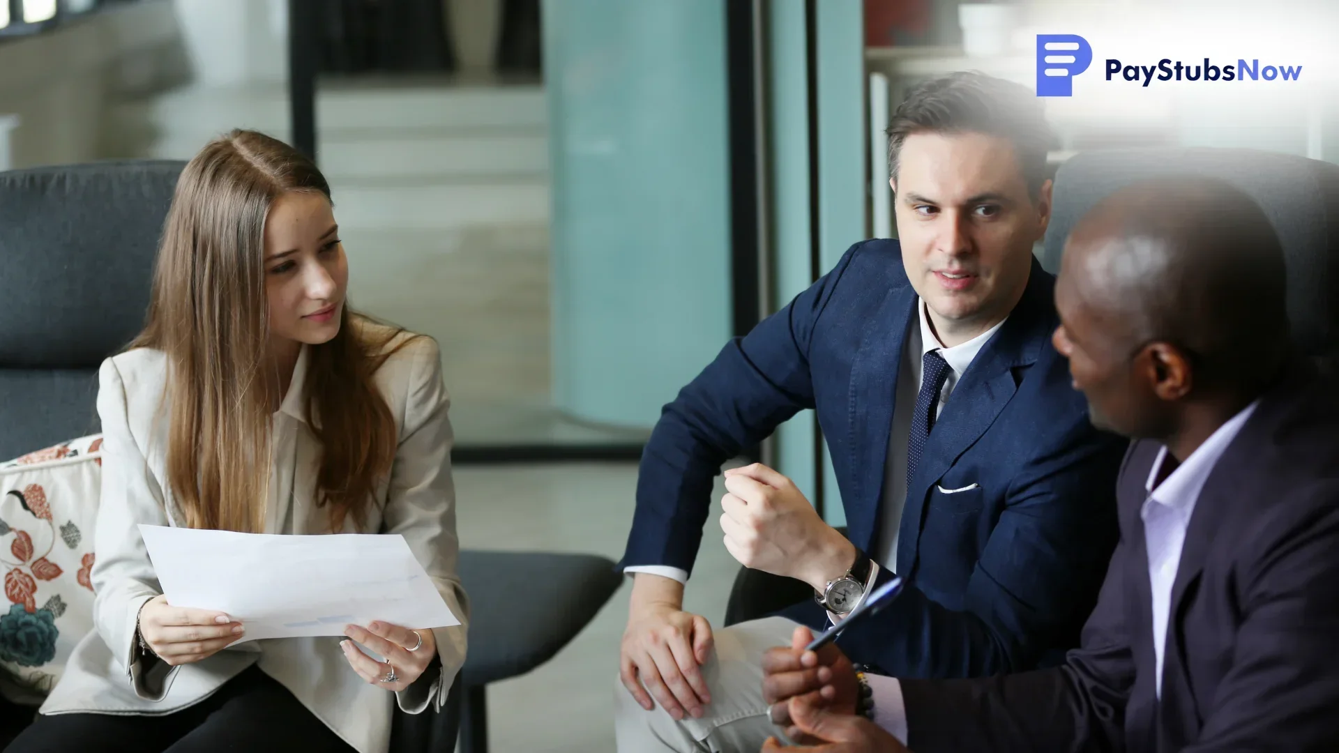 Three business professionals having a meeting in an office setting