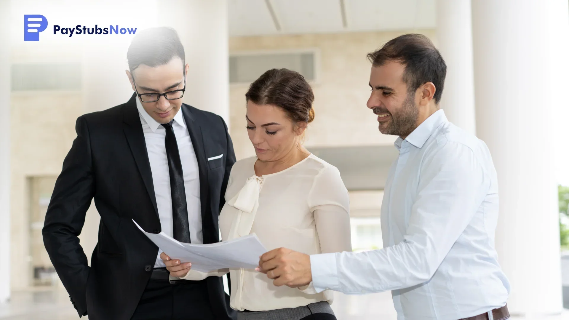 Three business professionals reviewing a document together