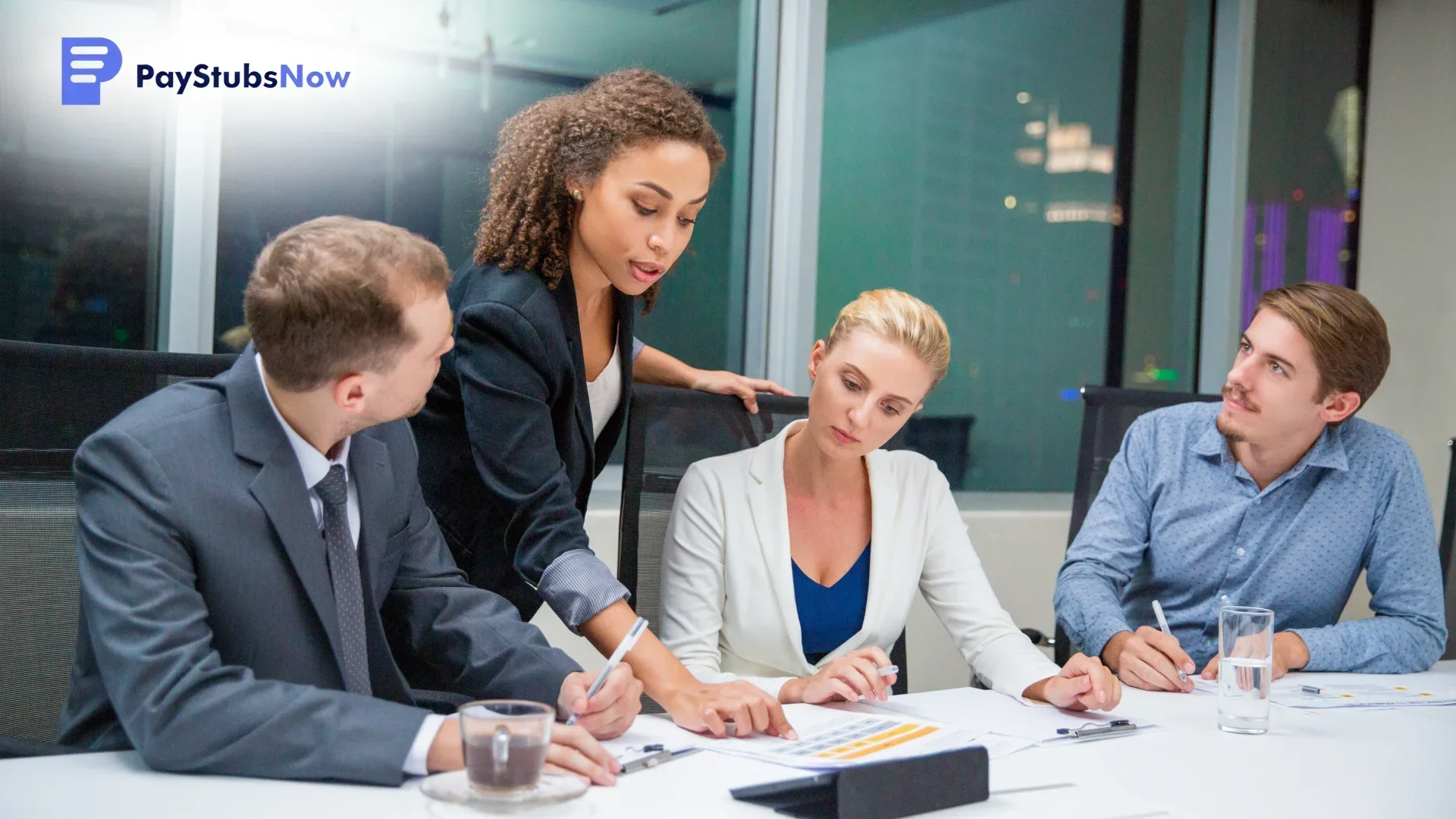 Four business professionals gathered around a conference table, reviewing documents during a meeting
