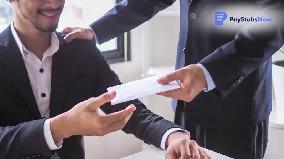 A boss handing an employee a bonus in an envelope