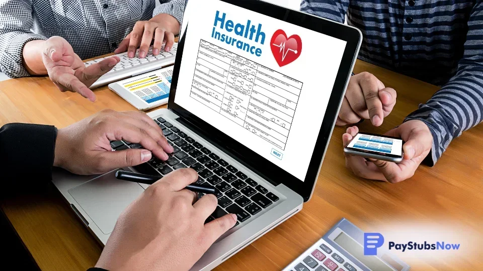 A self-employed individual reviews a health insurance form on their laptop while calculating deductible health insurance premiums