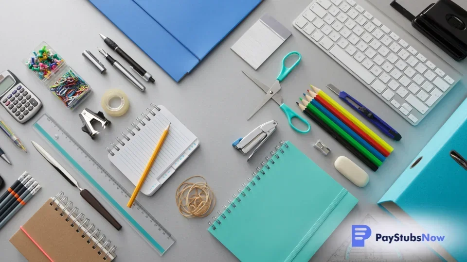 Notebooks, pens, a laptop, and other office supplies are laid out on a table, showcasing common business expenses