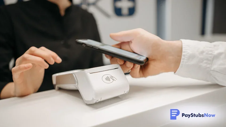 A customer uses a mobile phone to complete a transaction through a payment terminal, incurring payment processing fees