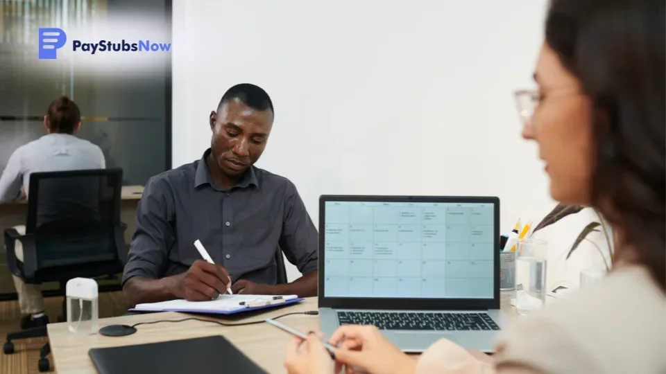 An employee is sitting at a desk in the HR office requesting a proof of income letter
