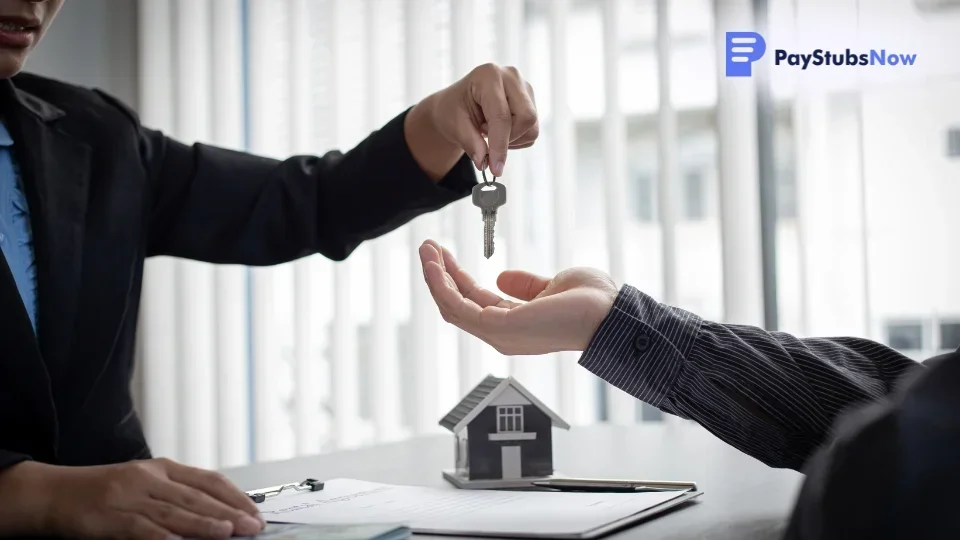 A real estate agent hands new apartment keys to a renter after verifying their proof of income letter.