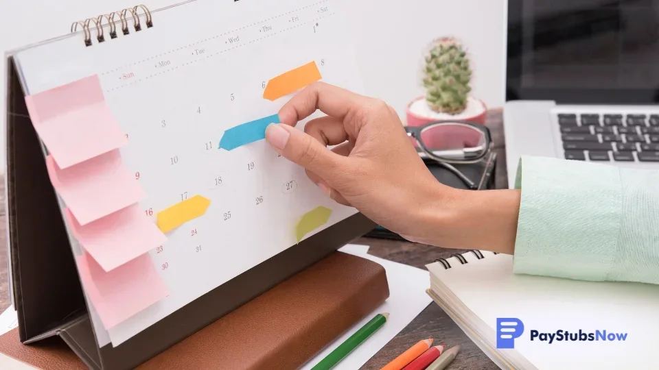 A person points to a calendar with sticky notes to represent tracking pay periods