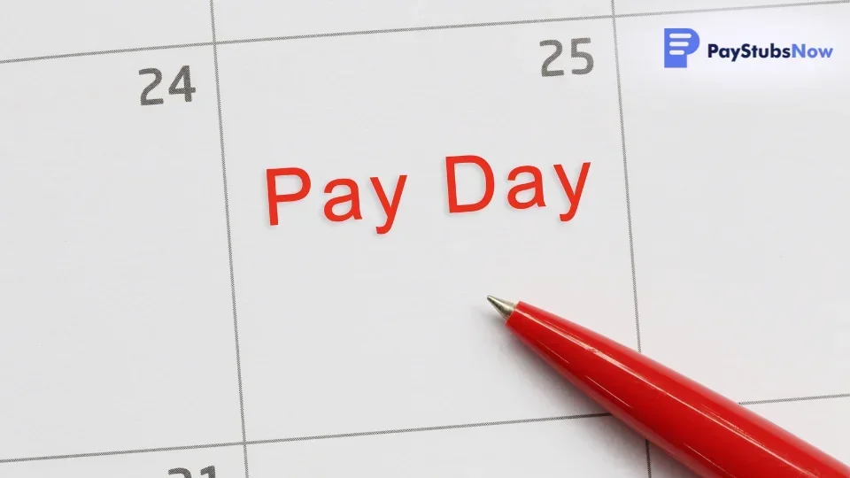 A red pen marks a calendar with the word 'Pay Day' written to highlight the pay date