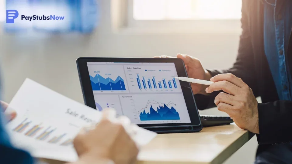 Two people review cash flow metrics on a tablet during a payroll planning session
