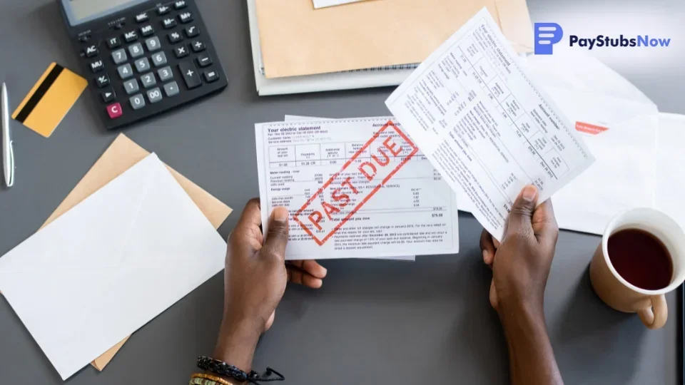 A person holds invoices marked past due on a table with a calculator