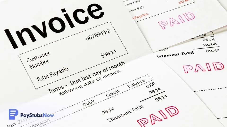 Invoices with paid stamps are placed neatly on a desk