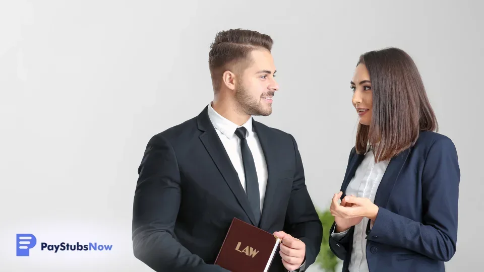 Two lawyers discuss a client matter inside a law firm office