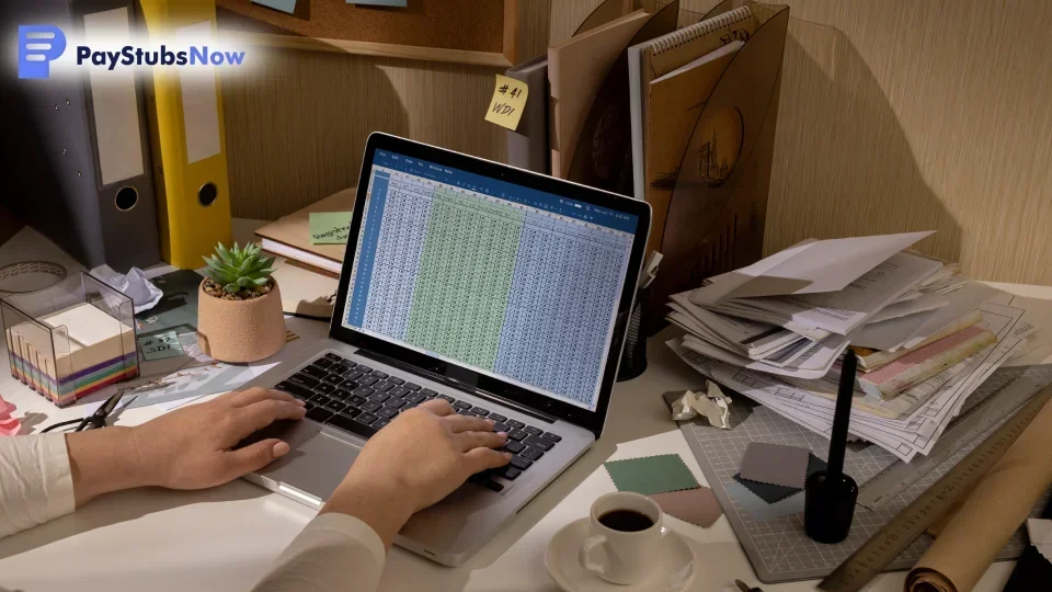 A person uses a laptop to work on an Excel sheet for overtime payroll documentation