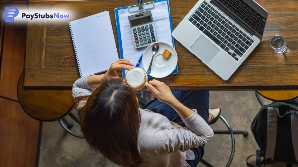 A small business owner sits at a desk with a calculator, laptop, and documents, calculating overtime pay
