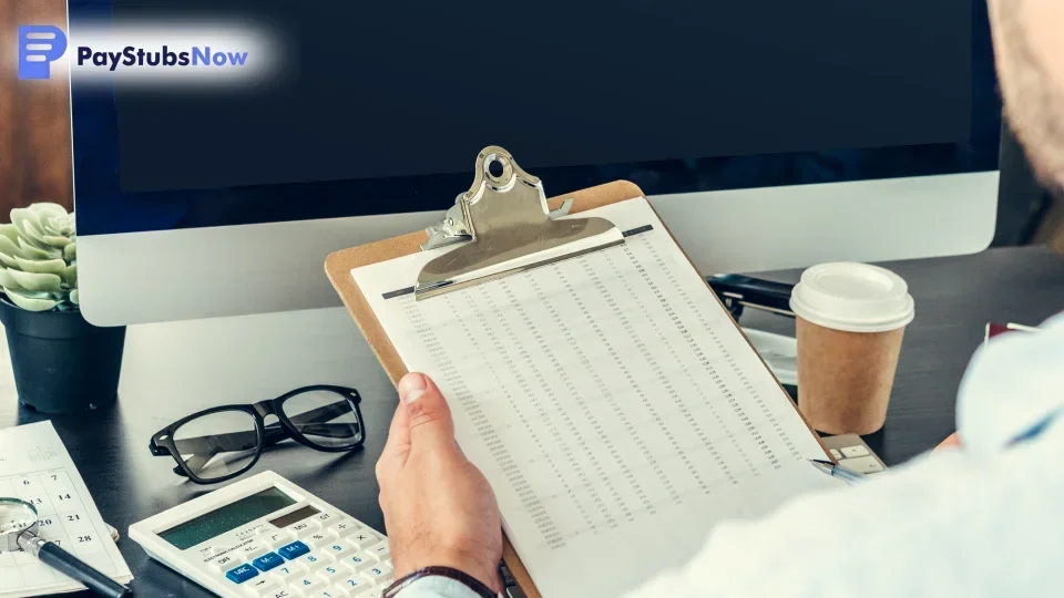A business owner sits at a desk and looks at a clipboard with financial figures and calculations on it