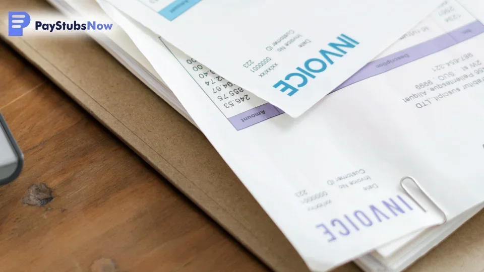 Several invoices for freelancers sit on top of a desk