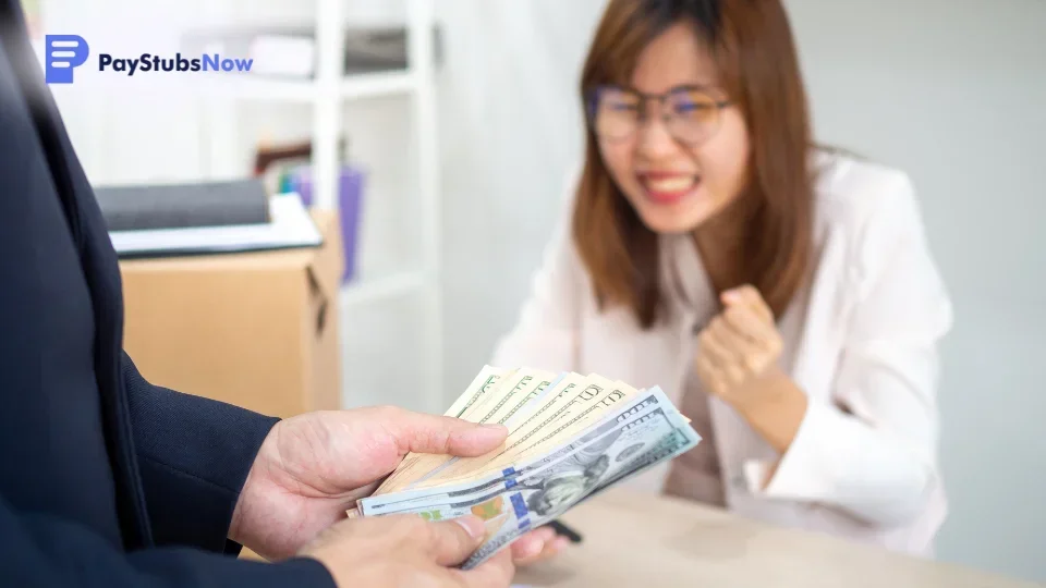 A professional celebrating after receiving a large cash bonus.
