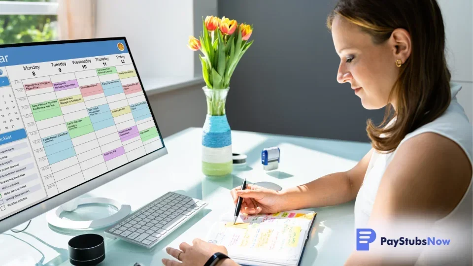 An HR personnel working on a calendar on a computer to schedule payouts.