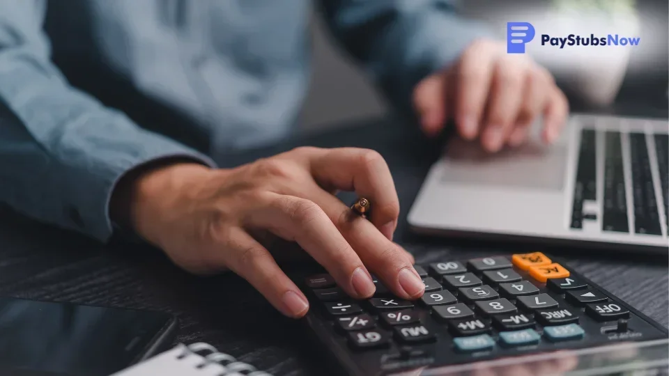 An HR personnel working on their laptop and using a calculator.