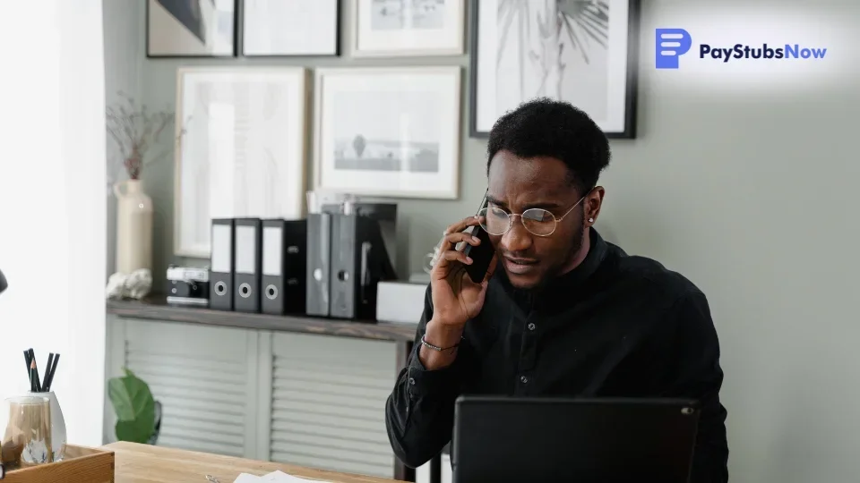An HR personnel sitting at their desk working on their laptop and talking on the phone.