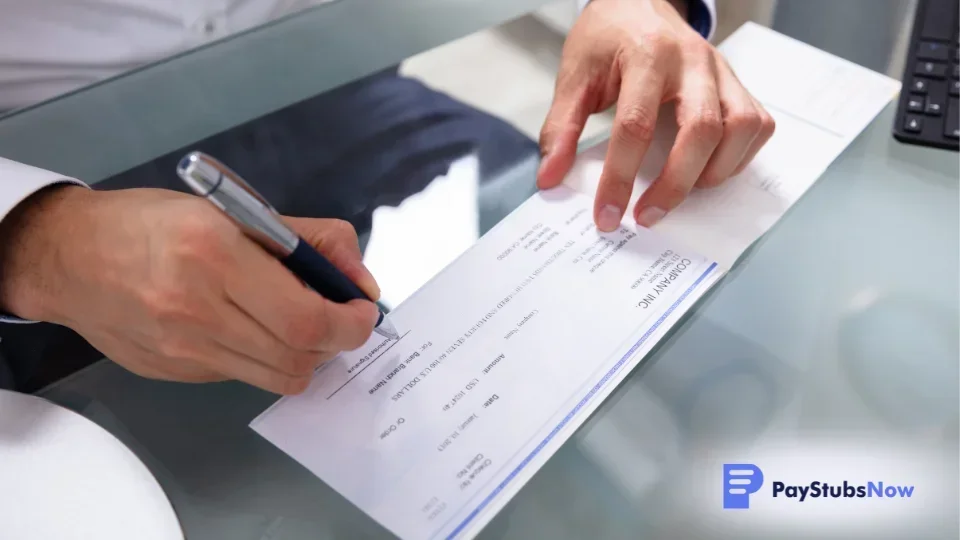 An individual writing a check on a desk.