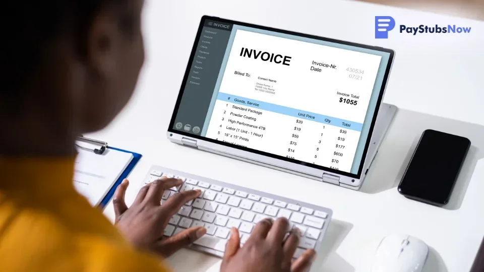 A freelancer working on their laptop on an invoice.